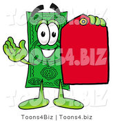 Illustration of a Cartoon Dollar Bill Mascot Holding a Red Sales Price Tag by Mascot Junction