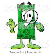 Illustration of a Cartoon Dollar Bill Mascot Looking Through a Magnifying Glass by Mascot Junction