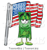 Illustration of a Cartoon Dollar Bill Mascot Pledging Allegiance to an American Flag by Mascot Junction