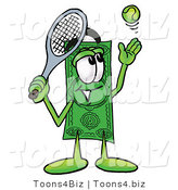 Illustration of a Cartoon Dollar Bill Mascot Preparing to Hit a Tennis Ball by Mascot Junction