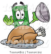 Illustration of a Cartoon Dollar Bill Mascot Serving a Thanksgiving Turkey on a Platter by Mascot Junction