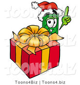Illustration of a Cartoon Dollar Bill Mascot Standing by a Christmas Present by Mascot Junction