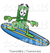 Illustration of a Cartoon Dollar Bill Mascot Surfing on a Blue and Yellow Surfboard by Mascot Junction