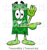 Illustration of a Cartoon Dollar Bill Mascot Waving and Pointing by Mascot Junction