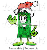 Illustration of a Cartoon Dollar Bill Mascot Wearing a Santa Hat and Waving by Mascot Junction
