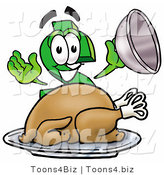 Illustration of a Cartoon Dollar Sign Mascot Serving a Thanksgiving Turkey on a Platter by Mascot Junction