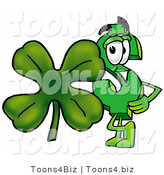 Illustration of a Cartoon Dollar Sign Mascot with a Green Four Leaf Clover on St Paddy's or St Patricks Day by Mascot Junction