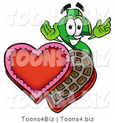 Illustration of a Cartoon Dollar Sign Mascot with an Open Box of Valentines Day Chocolate Candies by Mascot Junction