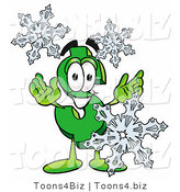 Illustration of a Cartoon Dollar Sign Mascot with Three Snowflakes in Winter by Mascot Junction