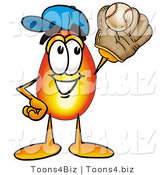 Illustration of a Cartoon Fire Droplet Mascot Catching a Baseball with a Glove by Mascot Junction