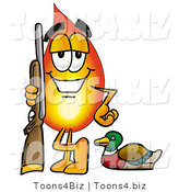 Illustration of a Cartoon Fire Droplet Mascot Duck Hunting, Standing with a Rifle and Duck by Mascot Junction
