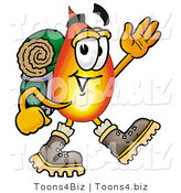 Illustration of a Cartoon Fire Droplet Mascot Hiking and Carrying a Backpack by Mascot Junction