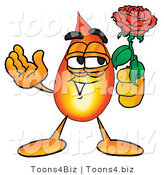 Illustration of a Cartoon Fire Droplet Mascot Holding a Red Rose on Valentines Day by Mascot Junction