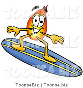 Illustration of a Cartoon Fire Droplet Mascot Surfing on a Blue and Yellow Surfboard by Mascot Junction