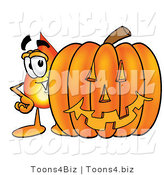 Illustration of a Cartoon Fire Droplet Mascot with a Carved Halloween Pumpkin by Mascot Junction