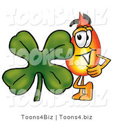 Illustration of a Cartoon Fire Droplet Mascot with a Green Four Leaf Clover on St Paddy's or St Patricks Day by Mascot Junction