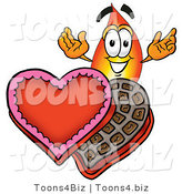 Illustration of a Cartoon Fire Droplet Mascot with an Open Box of Valentines Day Chocolate Candies by Mascot Junction