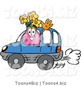 Illustration of a Cartoon Flowers Mascot Driving a Blue Car and Waving by Mascot Junction