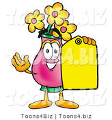 Illustration of a Cartoon Flowers Mascot Holding a Yellow Sales Price Tag by Mascot Junction