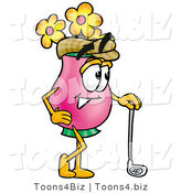 Illustration of a Cartoon Flowers Mascot Leaning on a Golf Club While Golfing by Mascot Junction