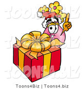 Illustration of a Cartoon Flowers Mascot Standing by a Christmas Present by Mascot Junction