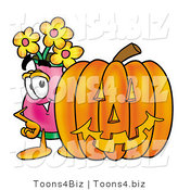 Illustration of a Cartoon Flowers Mascot with a Carved Halloween Pumpkin by Mascot Junction