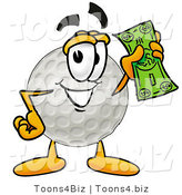 Illustration of a Cartoon Golf Ball Mascot Holding a Dollar Bill by Mascot Junction