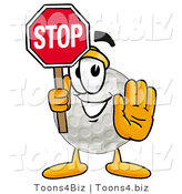 Illustration of a Cartoon Golf Ball Mascot Holding a Stop Sign by Mascot Junction