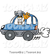 Illustration of a Cartoon Hammer Mascot Driving a Blue Car and Waving by Mascot Junction