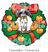 Illustration of a Cartoon Hammer Mascot in the Center of a Christmas Wreath by Mascot Junction