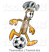 Illustration of a Cartoon Hammer Mascot Kicking a Soccer Ball by Mascot Junction