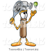 Illustration of a Cartoon Hammer Mascot Preparing to Hit a Tennis Ball by Mascot Junction