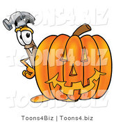 Illustration of a Cartoon Hammer Mascot with a Carved Halloween Pumpkin by Mascot Junction