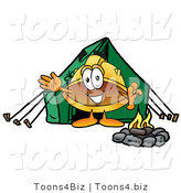 Illustration of a Cartoon Hard Hat Mascot Camping with a Tent and Fire by Mascot Junction