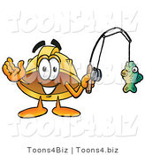 Illustration of a Cartoon Hard Hat Mascot Holding a Fish on a Fishing Pole by Mascot Junction