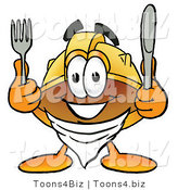 Illustration of a Cartoon Hard Hat Mascot Holding a Knife and Fork by Mascot Junction