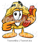 Illustration of a Cartoon Hard Hat Mascot Holding a Telephone by Mascot Junction