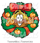 Illustration of a Cartoon Hard Hat Mascot in the Center of a Christmas Wreath by Mascot Junction