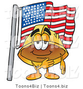 Illustration of a Cartoon Hard Hat Mascot Pledging Allegiance to an American Flag by Mascot Junction