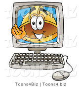 Illustration of a Cartoon Hard Hat Mascot Waving from Inside a Computer Screen by Mascot Junction