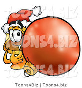 Illustration of a Cartoon Hard Hat Mascot Wearing a Santa Hat, Standing with a Christmas Bauble by Mascot Junction