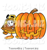 Illustration of a Cartoon Hard Hat Mascot with a Carved Halloween Pumpkin by Mascot Junction