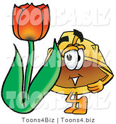 Illustration of a Cartoon Hard Hat Mascot with a Red Tulip Flower in the Spring by Mascot Junction