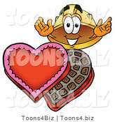Illustration of a Cartoon Hard Hat Mascot with an Open Box of Valentines Day Chocolate Candies by Mascot Junction