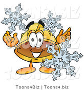 Illustration of a Cartoon Hard Hat Mascot with Three Snowflakes in Winter by Mascot Junction