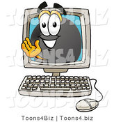 Illustration of a Cartoon Hockey Puck Mascot Waving from Inside a Computer Screen by Mascot Junction
