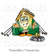 Illustration of a Cartoon House Mascot Camping with a Tent and Fire by Mascot Junction