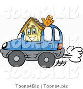 Illustration of a Cartoon House Mascot Driving a Blue Car and Waving by Mascot Junction