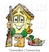 Illustration of a Cartoon House Mascot Duck Hunting, Standing with a Rifle and Duck by Mascot Junction