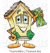 Illustration of a Cartoon House Mascot Holding a Dollar Bill by Mascot Junction